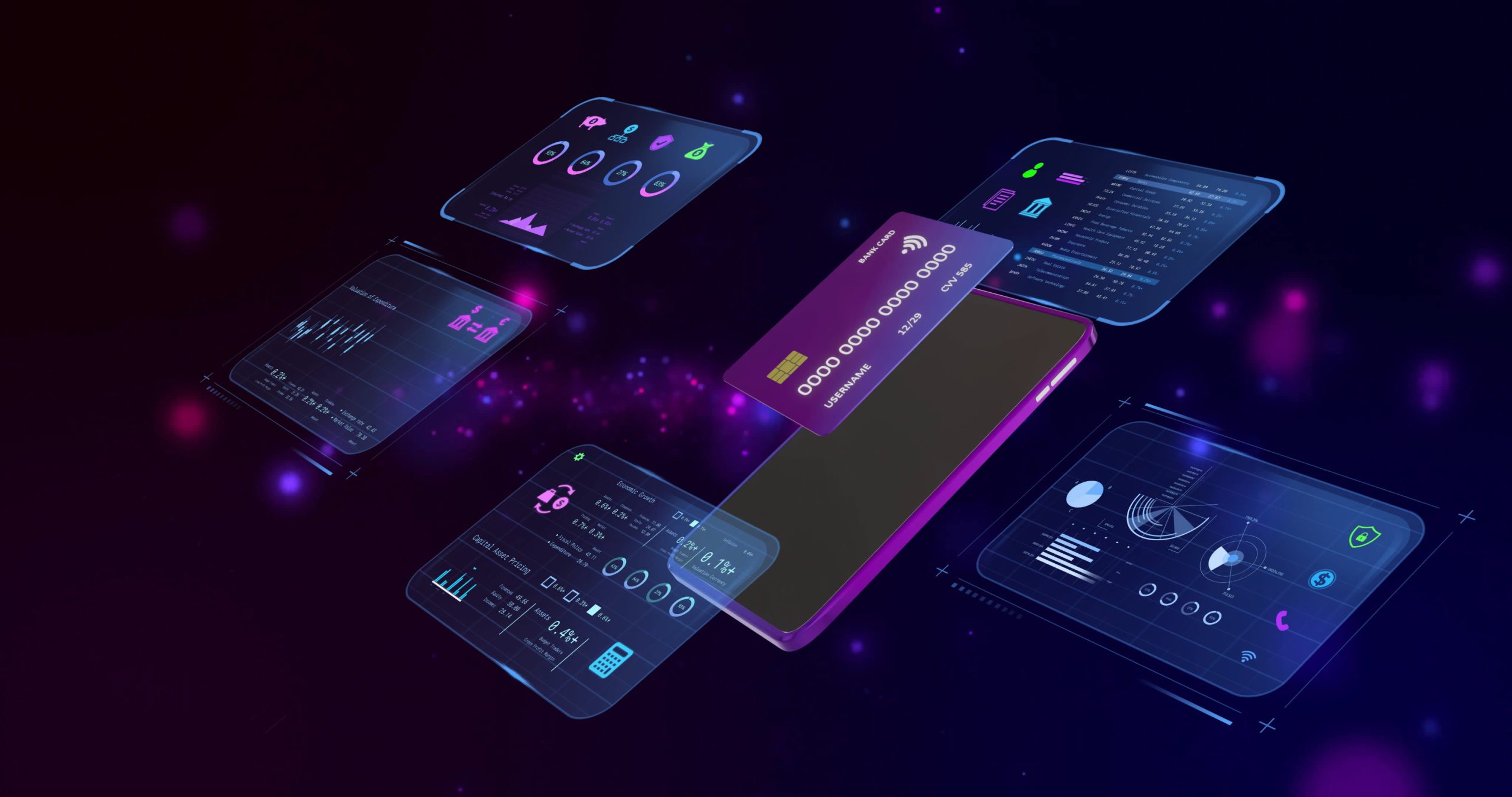 VCCP.biz - Image of data processing with credit card and smartphone over light spots on black background
