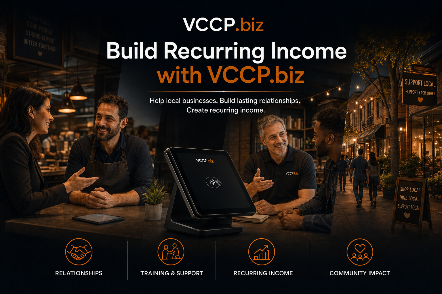 VCCP independent sales representative meeting with a local business owner, highlighting relationship building, training, support, and community impact.