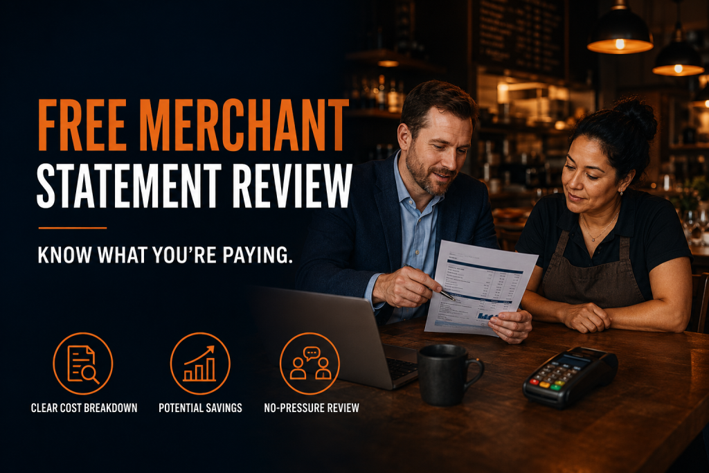 VCCP consultant reviewing a merchant processing statement with a local restaurant owner to identify costs and potential savings.