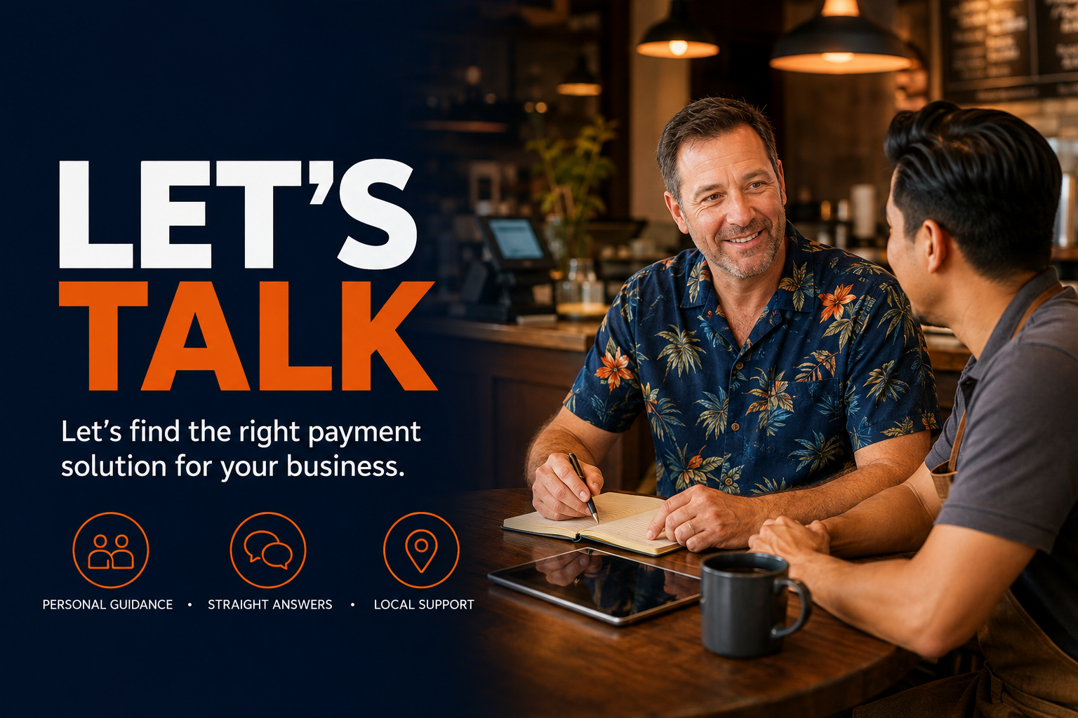 VCCP consultant in a Hawaiian shirt discussing payment processing solutions with a local business owner.