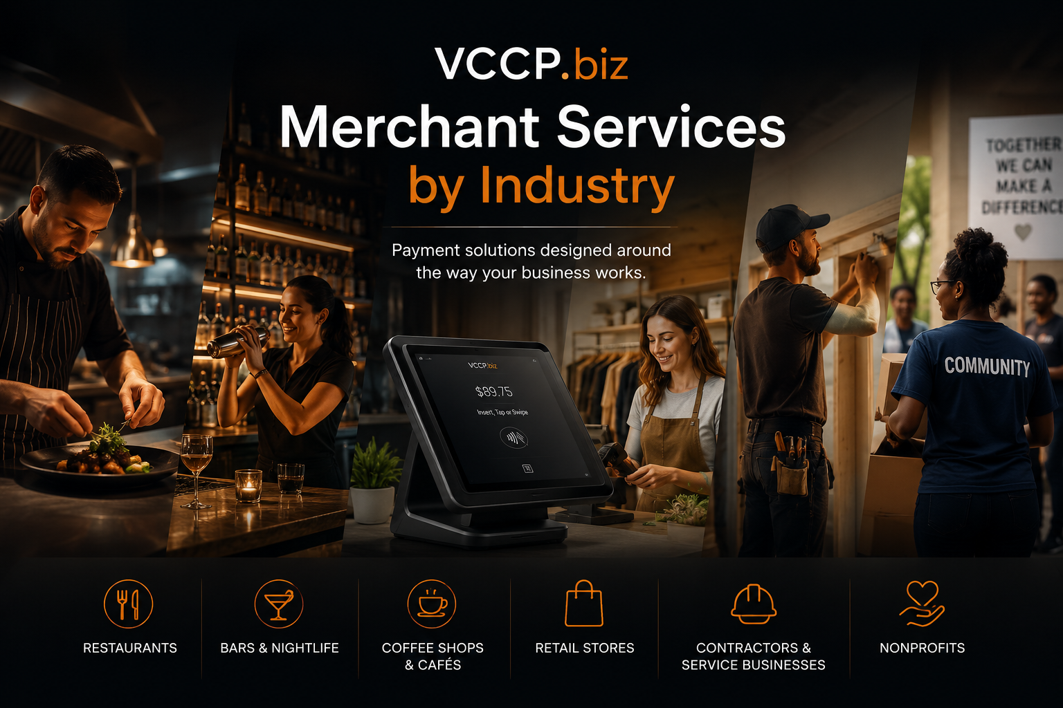 Merchant services and POS solutions for restaurants, bars, coffee shops, retail stores, service businesses, and nonprofits