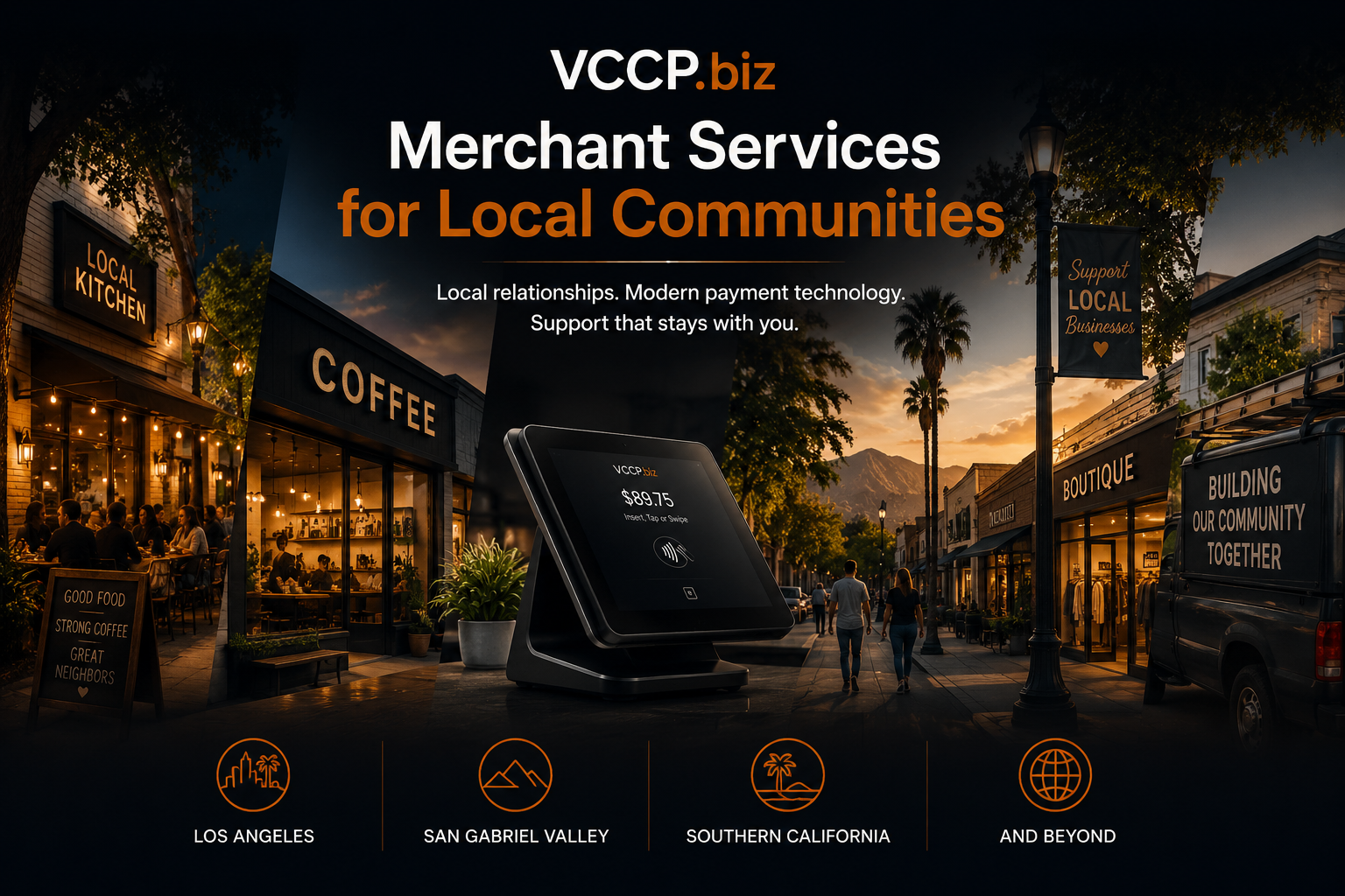Local merchant services and POS solutions for businesses in Los Angeles, the San Gabriel Valley, Southern California, and communities beyond
